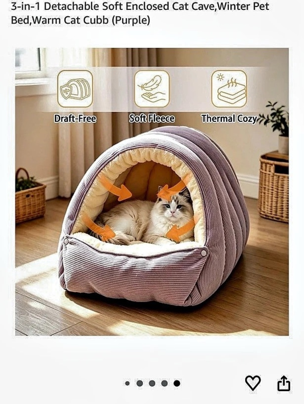 WarmGrow 3-in-1 Detachable Soft Enclosed Cat Cave Purple Enclosed Cat Bed